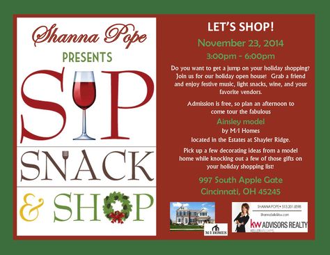 SIP, SNACK & SHOP Nov 23rd! JOIN US Sip N Shop Ideas, Sip And Shop Event Ideas, Arbonne Holiday, Sip And Shop, Mortgage Marketing, Christmas Open House, Fundraiser Ideas, Snack Shop, Christmas Pops