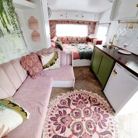 Pink Caravan Interior, Pink Rv Remodel, Pink Camper Interior, Small Caravan Renovation, Pink Caravan, Rv Interior Design, Rv Interior Remodel, Caravan Decor, Caravan Makeover