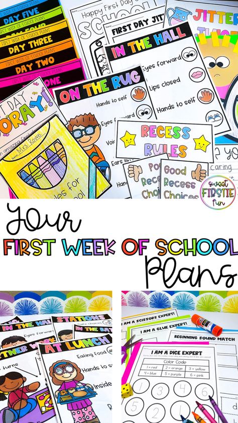 Back to school made easy! Use this first week of school plans resource to plan your entire first week of first grade or kindergarten! Back To School Grade 1 Activities, Tk First Day Of School Activities, Beginning Of School Year Activities Kindergarten, Creative Kindergarten Classroom Ideas, First Week Of School Lesson Plans 1st Grade, 1st Grade First Day Of School Activities, First Week In Kindergarten, First Week First Grade Activities, 1st Day Of School 1st Grade