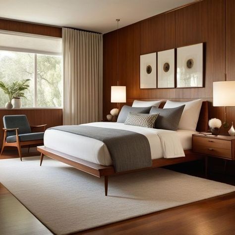 When you think about creating a minimalist bedroom, you might envision a space that's both simple and sophisticated. It's all about using neutral color palettes, functional furniture, and maximizing natural light to cultivate a serene atmosphere. Mid Century Master Bed, Mid Mod Bedroom, Mod Bedroom, Mid Century Bedroom Design, Mid Century Modern Bedroom Decor, Mid Century Bedroom, Retro Interior Design, Bungalow Renovation, Mid Century Modern Bedroom