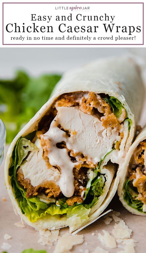 Easy Crunchy Chicken Caesar Wraps - the perfect lunch or dinner that the whole family will love! Use store-bought or homemade tenders! #wraps #chickensandwiches #sandos #wraprecipe #chickencaesar #caesarwraps | Littlespicejar.com Fried Chicken Caesar Wrap, Parmesan Crusted Chicken Caesar Wrap, Crispy Chicken Ceaser Wraps, Chicken Cesear Salad Wraps, Breaded Chicken Wraps, Chicken Tender Wraps, Crunchy Chicken Tenders, Yummy Wraps, Chicken Caesar Salad Wraps