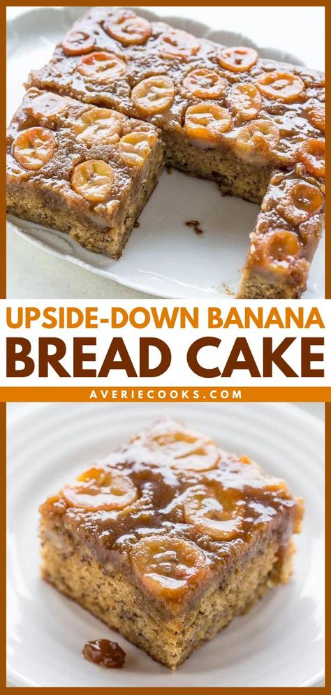 Upside-Down Banana Bread Cake, mother's day brunch ideas, breakfast recipes, snack ideas, easy desserts to impress Ripe Banana Dessert Recipes, Soft Banana Bread, Best Banana Cake Recipe, Banana Chocolate Chip Cake, Banana Upside Down Cake, Banana Desserts, Easy Impressive Dessert, Cake Recipes For Beginners, Banana Bread Cake