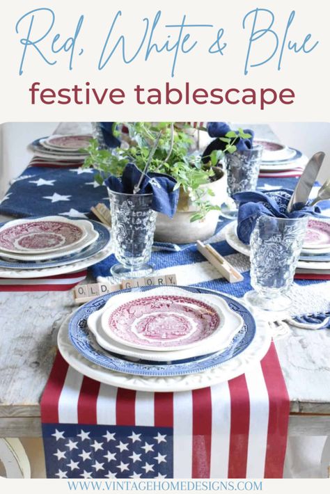 This red, white and blue tablescape is perfect for a Memorial Day, July 4th or Labor Day party. Layered blue transferware, red transferware and basic white plates were perfect for this patriotic themed table. I love how the flag "placemats" turned out and the thrifted layered rugs I used for table runners. And a vase filled with baseballs definitely screams SUMMER. This tablescape is perfect for a Memorial Day, July 4th or Labor Day party. Red White And Blue Tablescapes, 4th Of July Tablescapes, White And Blue Tablescape, Blue Tablescape, Blue Thanksgiving, Labor Day Party, Red Transferware, I Love America, Blue Transferware