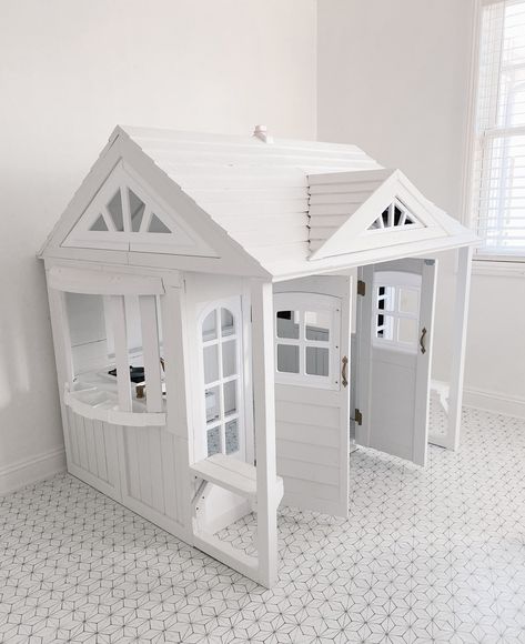 A Bright White Wonderland: Our Playroom Reveal | Mint Arrow #mintarrow #kids #home #playroom #kidsroom #playroomreveal #slide #playhouse #playhousemakeover #toys #toyorganization #organization Playroom With Playhouse, White Playroom, Playroom Playhouse, Small Playhouse Interior, Costco Playhouse, Mint Arrow, Sweat Equity, Canvas Drop Cloths, Wooden Playhouse