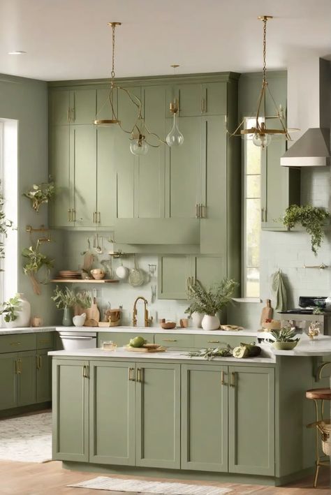 How to Refresh Your Space: Sage Green Kitchen Cabinet Ideas - West Pear Interiors Sage Walls Kitchen, Kitchen Cabinets Sage Green, Sage Green Kitchen Colour Scheme, Sage Green Cabinets Kitchen, Soft Green Paint Color, Soft Green Kitchen, Sage Green Cabinets, Green Pallet, Bright Room Colors