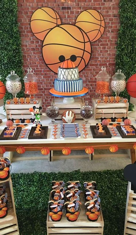 Mickey Mouse Sports Birthday Party Ideas, Basketball Mickey Mouse Birthday, Mickey Basketball Party, Mickey Sports Birthday, Mickey Mouse Basketball Party, Mickey Mouse Basketball, Basketball Themed Birthday Party, Basketball Party Decorations, Mickey Mouse Birthday Party Ideas