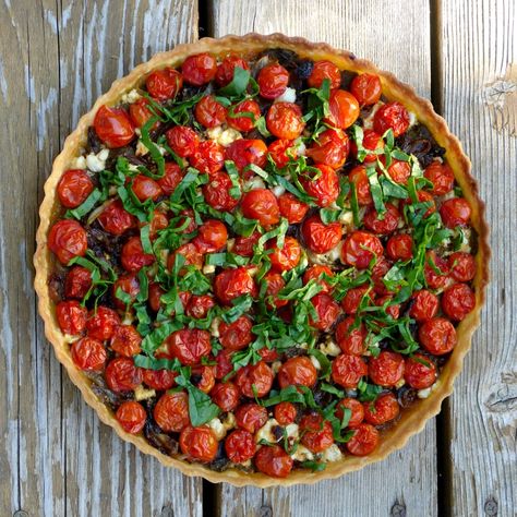 Feta, caramelized onions, and grape-leaf walnut pesto create a savory bed for fresh cherry tomatoes in this beautiful Cherry Tomato Tart. - Little Oven Annie’s Cherry Tomato Tart | The Good Hearted Woman Cherry Tomato Tart, Tomato Tart Recipe, I Had To Leave, Walnut Pesto, Fresh Cherry, Tomato Tart, Fresh Cherries, Cherry Tomato, Tart Recipes