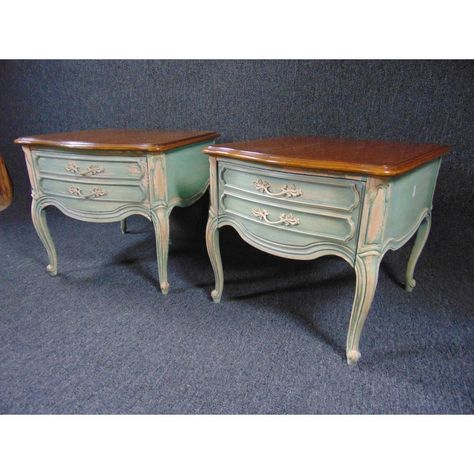 A pair of Louis XV style side tables, solid cherry tops, base painted light blue with distressed finish. Refurbished End Tables, Painted Side Table, Restored Furniture, Painted Side Tables, Furniture Flip, Night Stands, Pier One, Distressed Painting, Furniture Makeovers