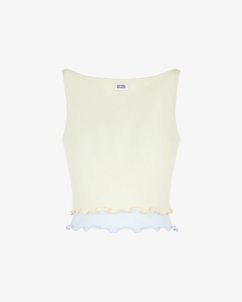 Tulle Tank Top : Women Tops & Bodysuits Pastel yellow |GCDS® Tank Top Women, Leather Thong Sandals, Flare Trousers, Pastel Yellow, Top Women, Chain Earrings, Women Tops, Light Yellow, Cool Shirts