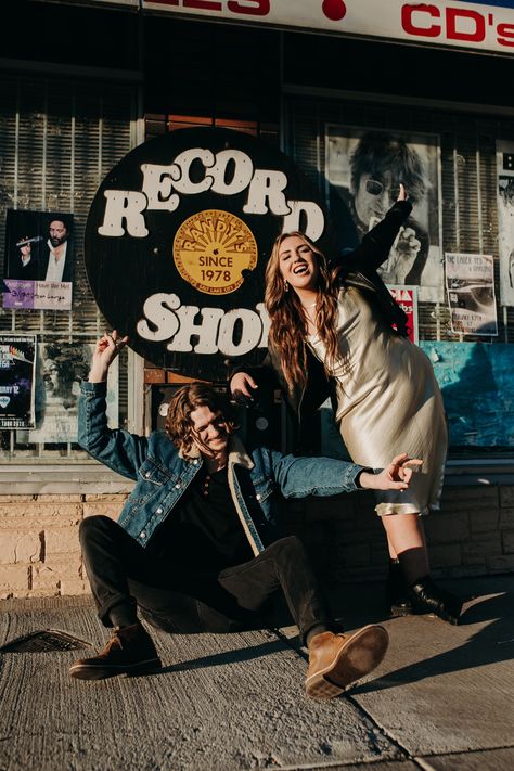 Edgy Engagement Outfit, Grungy Couples Photoshoot, Punk Engagement Photos, Record Store Engagement Shoot, Engagement Photos Alternative, Grunge Engagement Photos, Alt Engagement Photos, Edgy Engagement Photos, Edgy Engagement Pictures