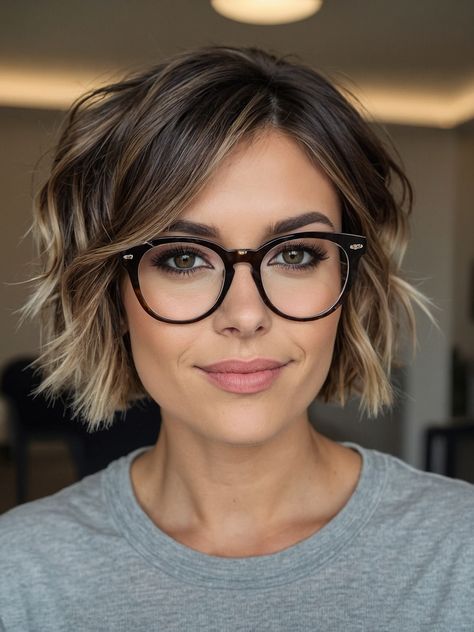 Dark Blonde Hair Short Bob, Minimalist Bob Haircut, Women Short Hair Color Ideas, Ombré Short Bob, Glasses With Bob Haircut, Short Bob With Texture, Wave Bob Hairstyles Short Wavy, Highlight Short Hair Color, Flattering Short Hair For Round Faces