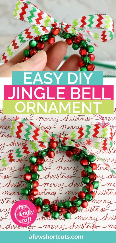 Get crafty this Christmas and make this simple but adorable Jingle Bell Ornament Craft. Perfect to add a little something extra on a gift! | @AFewShortcuts #crafts #christmas #ornament #kidscraft #diy