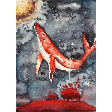 Watercolor drawing. Red whale. Surrealism. By Evgenia Smirnova Whale Surrealism, Whale Watercolor Illustration, Whale Watercolour, Whale Watercolor, Whale Drawing, Big Whale, Surrealist Art, Watercolor Art Diy, Watercolor Whale