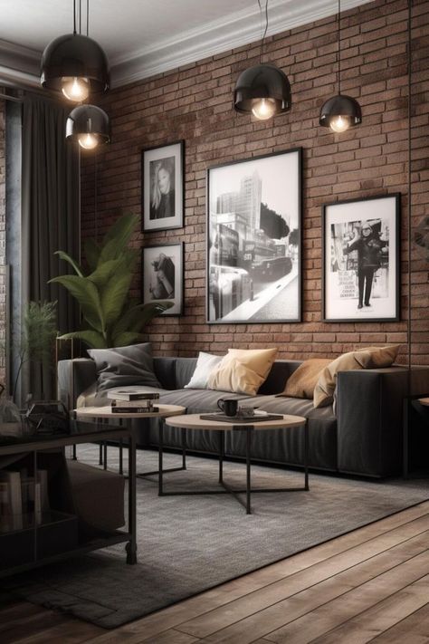 Modern Coastal Living Room Ideas, Mens Living Room, Modern Coastal Living Room, Industrial Living Room Design, Industrial Style Interior, Earthy Living Room, Accent Walls In Living Room, Industrial Interior Design, Dining Room Combo