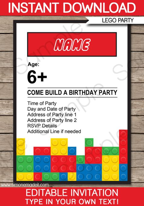 Lego Party Food, Lego Party Printables, Lego Party Invitations, Lego Birthday Invitation, Lego Birthday Invitations, Lego Invitations, Lego Themed Party, Lego Theme, Invitations Template