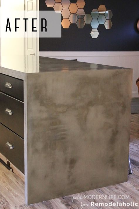 Remodelaholic | DIY Concrete Kitchen Island Reveal + How-To Diy Concrete Kitchen, Concrete Island, Concrete Kitchen Island, Concrete Countertops Kitchen Diy, Waterfall Countertop, Concrete Countertops White, Concrete Countertops Kitchen, Diy Concrete Countertops, Concrete Kitchen