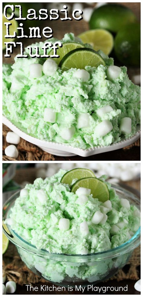 Old-Fashioned Sea Foam Salad (Lime Fluff) ~ Serve this vintage dish as a dessert salad, or as a sweet side. Either way, this old-fashioned Sea Foam Salad is one tasty Jello salad classic! Perfect for Thanksgiving or Easter dinner, or any everyday meal. #limefluff #seafoam #seafoamsalad #fluffsalad  www.thekitchenismyplayground.com Seafoam Salad Recipe, Seafoam Salad, Fancy Jello, Lime Fluff, Jello Dishes, Green Jello Salad, Marshmallow Salad, Fluff Salads, Jello Fruit Salads