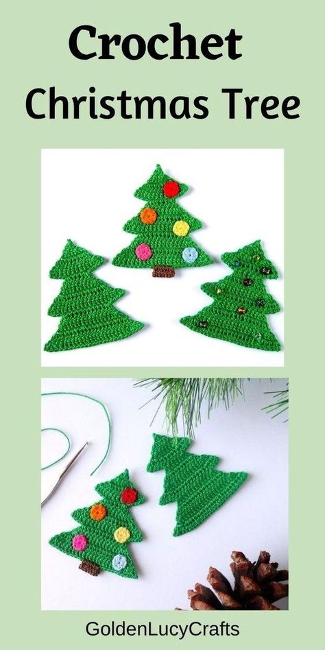 Learn how to crochet this classic Christmas tree applique. Crochet pattern, Christmas tree ornament, crochet applique, motif Crochet Pattern Christmas Tree, Crochet Cards, Christmas Applique Patterns, Christmas Tree Applique, Crochet Christmas Garland, Crochet Christmas Trees Pattern, Tree Applique, Ornament Crochet, Crochet Christmas Ornaments Free