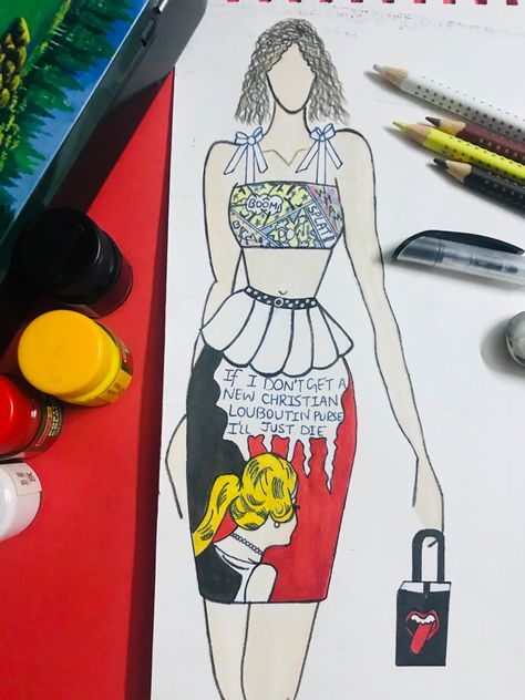 Cami Ribbon Pop art Top with Pop art Denim Black Skirt Pop Art Dress Fashion, Pop Art Skirt, Pop Art Fashion Illustration, Pop Art Dress, Pop Art Fashion, Art Top, Black Denim Skirt, Art Theme, Dress Sketches