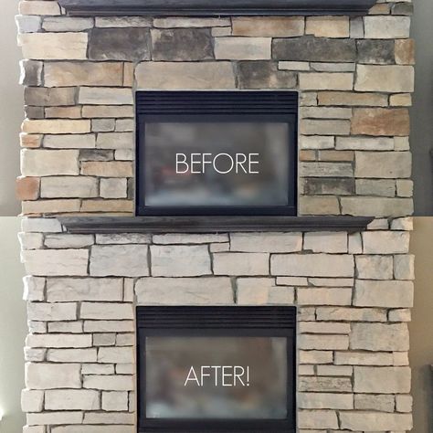 Paint Faux Stone, Lakehouse Remodel, Whitewash Stone Fireplace, Fireplace Shiplap, Faux Stone Fireplaces, Fireplace Makeovers, Fireplace Decorating, Stone Fireplace Makeover, Fireplace Diy