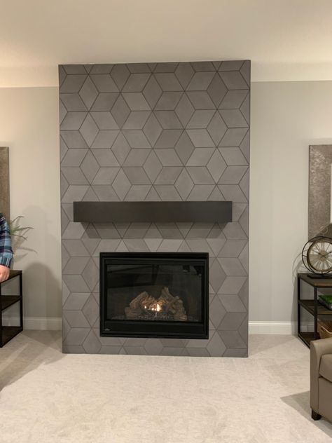 Picket Tile Fireplace, Hexagon Fireplace, Chimney Mantel, Picket Tile, Fireplace Feature, Fireplace Feature Wall, Tile Fireplace, Fireplace Designs, Concrete Fireplace