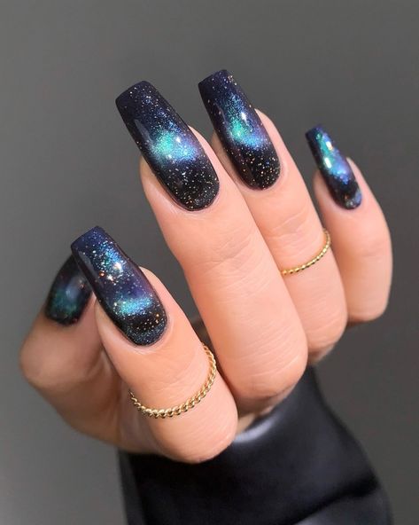 MILLENNIA is a magnetic multichrome lacquer that shifts between shades of violet, blue, and green with green-gold scattered holographic glitter. Galaxy Nail Art, Thermal Nails, Shades Of Violet, Nail Shimmer, Galaxy Nails, Nail Essentials, Holographic Nails, Holographic Glitter, Bat Mitzvah