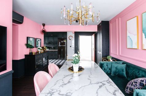 A 4-room HDB home in Telok Blangah with a bold black and pink palette, Singapore News - AsiaOne Black And Pink Room Design, Pink Walls With Black Trim, Pink And Purple Interior, Black Pink Decor, Pink Black Interior, Pink And Black Closet, Black Pink Interior, Pink Black Decor, Two Tone Pink Room