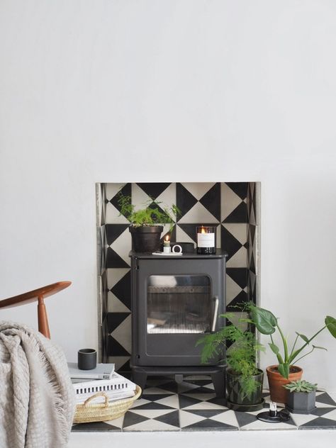 How does our childhood home influence our interior style? Empty Fireplace Ideas, Grey Painted Kitchen, Wood Burner Fireplace, Wood Burning Stoves Living Room, Log Burner Living Room, Tiled Fireplace, Hearth Tiles, Cosy Fireplace, Freestanding Fireplace