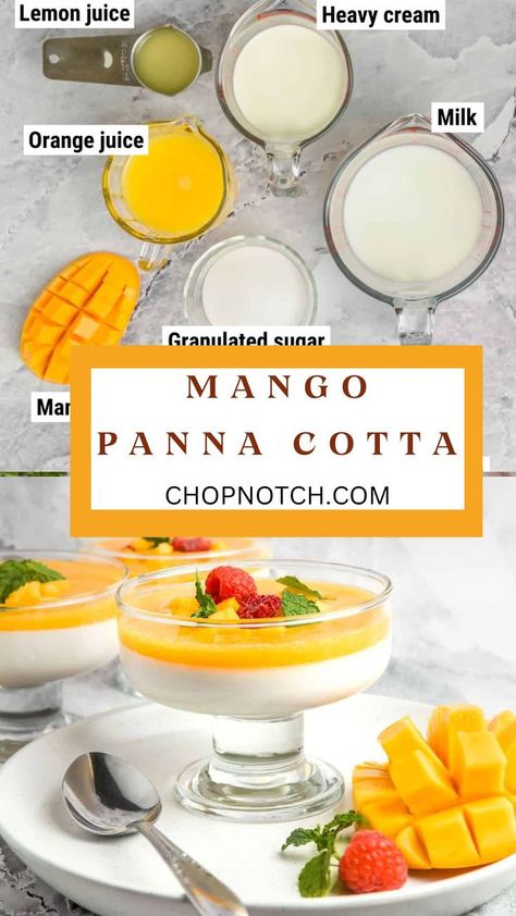 Indulge in the luxurious and refreshing flavors of our Mango Panna Cotta recipe! This elegant dessert combines the creamy, silky texture of classic panna cotta with the vibrant sweetness of ripe mangoes. Each spoonful offers a harmonious blend of rich cream and tropical fruit, perfect for a sophisticated finish to any meal! #MangoPannaCotta #TropicalDessert #ElegantDessert #SweetIndulgence #ChopNotchRecipe #HomemadeTreats #DessertInspiration #CreamyDelight #FruitDessert Tropical Fruit Dessert Recipes, Mango Panna Cotta Recipe, Luxury Desserts, Mango Panna Cotta, Fruity Dessert, Mango Dessert Recipes, Panna Cotta Recipe, Chilled Desserts, Mango Dessert