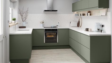 Clerkenwell Super Matt Reed Green Kitchen | Kitchens | Howdens Howdens Marine Blue Kitchen, Howdens Kitchen Clerkenwell, Dusk Blue Kitchen, Howdens Clerkenwell, Blue Cupboards, Howdens Kitchens, Open Plan Kitchen Diner, Dusk Blue, Mdf Doors