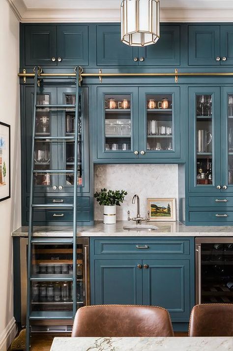 Vaulted Ceiling Living Room, Sage Green Kitchen, White Bathroom Tiles, Dining Room Cozy, Built In Bar, Blue Cabinets, Row House, Blue Kitchens, Green Kitchen