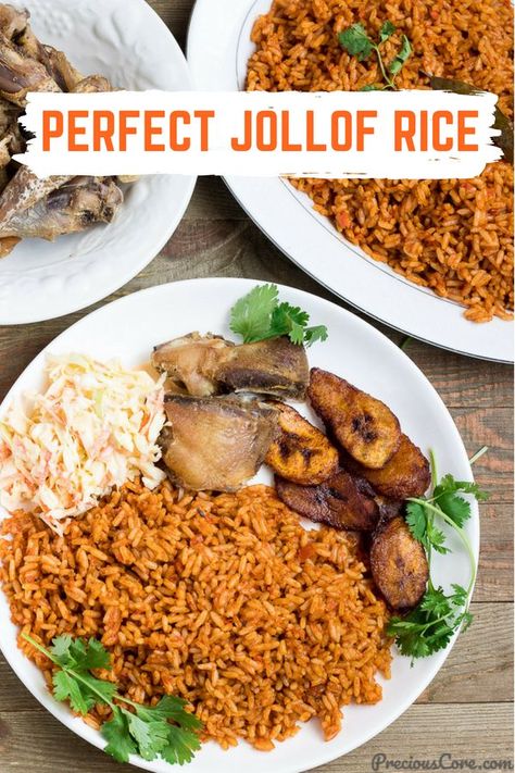 The perfect Jollof Rice! This one pot rice and chicken meal is one dinner recipe you will want to make over and over again! Simple ingredients, great results. Get the recipe on Precious Core. #Dinner #RiceRecipes #ChickenandRice Meat And Salad, Nigerian Jollof Rice, African Recipes Nigerian Food, Rice And Chicken, Chicken And Rice Dishes, African Dishes, West African Food, Nigerian Recipes, Rice Food