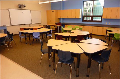 HOW FURNITURE IS ARRANGED: I like how the desks here are in groups but no ones back is towards the board. Designing Classroom, White Leather Couch, Desk Arrangements, Classroom Interior, Classroom Desk, Modern Classroom, School Interior, College Library, Library Furniture