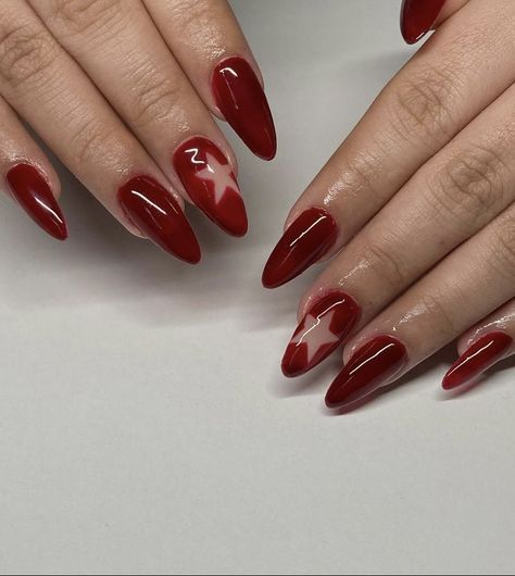 Read Nails Design, Red Nails Nail Art, Red Nails Aesthetic Design, Cool Nail Inspo Almond, Rockstar Nails Aesthetic, Almond Nails Red Design, Cherry Red Nails Design, Almond Red Nails Design, Red Themed Nails