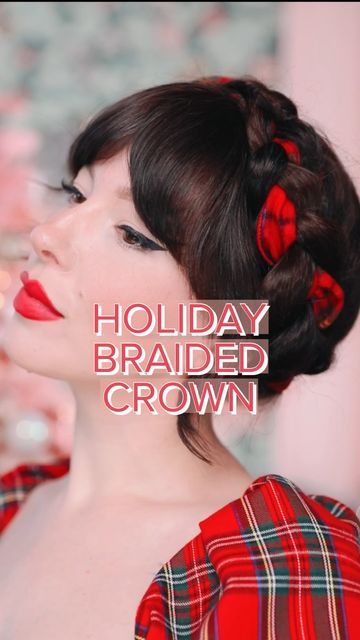 Crown Braid With Ribbon, Christmas Hair Updo, Christmas Updo, Hair Braid Ribbon, Holiday Updos, Velvet Ribbon Hair, Low Pigtails, Updo Hair Tutorial, Holiday Braids