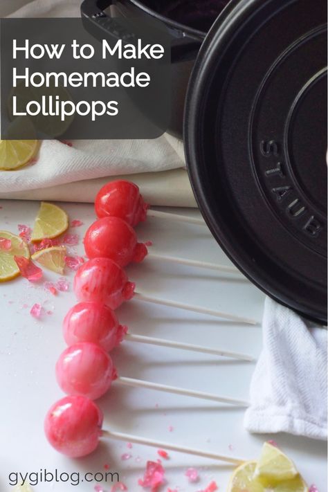 Homemade Suckers, Suckers Lollipops, How To Make Lollipops, Lollipops Recipe, Staub Dutch Oven, Diy Lollipop, Homemade Lollipops, White Food Coloring, Hard Candy Recipes