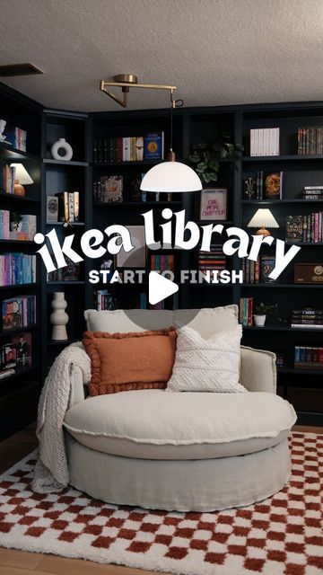 Kelsey + Ryan Mansingh | DIY & Renovation on Instagram: "Start to finish library build 📚🫶🏼 We used Billy bookcases from IKEA as the base and built them out. Follow for more DIY’s! #ikeahack #ikealibrary #billybookcase #billybookcasehack #lifehack #diyhack #diylibrary #homelibrary #booktok #bookstagram #bookstagrammer #bookish #booklover #bookaddict #homerenovation #diy #diyproject" Ikea Shelving Hacks Billy Bookcases, Kallax As Bookshelf, Diy Office Library, Oxberg Billy Ikea, Billy Bookcase Next To Fireplace, Billy Ikea Office, Relaxing Reading Room Ideas, Renter Friendly Billy Bookcase, Ikea Diy Bookcase