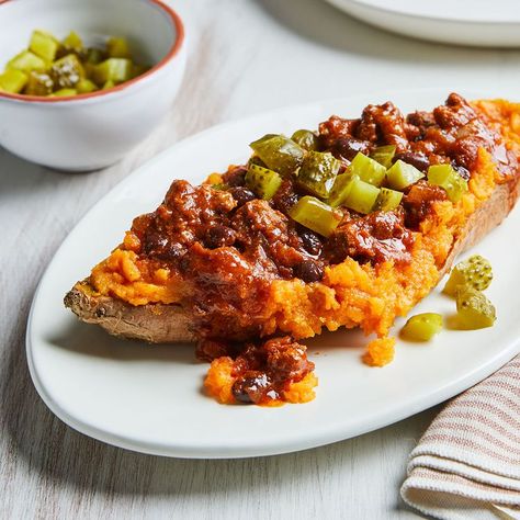 Sloppy Joe-Stuffed Sweet Potatoes Sunday Cooking, Stuffed Sweet Potato, Spicy Brown Mustard, Dairy Free Eggs, Fast Dinners, Sloppy Joe, Quick Weeknight Dinners, Minced Meat, Potatoes Recipe