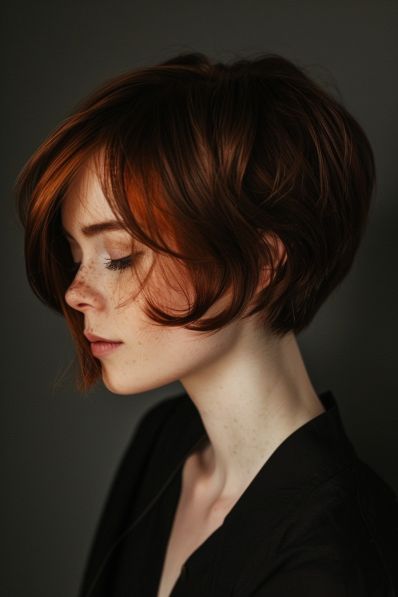 21  Pixie Bob Haircuts: The Perfect Blend Of Chic And Playful Auburn Hair Pixie Haircut, Long In Front Short In Back Haircut, Short Haircut Red Hair, Rounded Pixie Haircut, Choppy Bob With Undercut, Winter Pixie Haircut, Long Pixie Haircut For Round Faces, Dark Red Pixie Haircut, 90s Bob Haircut Grunge