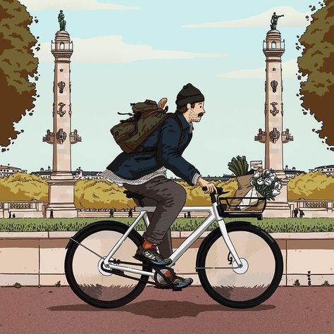 Bertrand Aznar - Illustrator en Instagram: “Quick quick ! 🚲💨💨💨 Sometimes you can see me like this guy, riding at full speed in front of the place des Quinconces in Bordeaux. I’m often…” Coffee Bike, Bike Illustration, Black And White Comics, Riding Bike, Coffee Illustration, Bicycle Art, Cycling Art, Drawing Projects, People Illustration