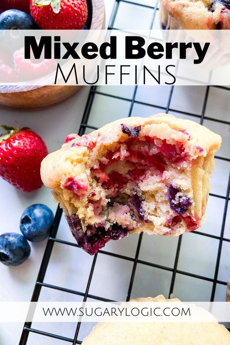 Fruit And Fibre Muffins Recipe, Berry Muffins With Fresh Berries, Berry Muffins With Frozen Berries, Muffins With Buttermilk, Triple Berry Muffins, Fiber Muffin, Berry Muffin Recipe, Brunch Muffins, Mixed Berry Muffins