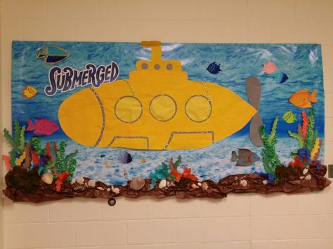 Great Sub Bulletin Board Dive Into Reading Bulletin Board, Submarine Bulletin Board, Dive Into Reading, Ocean Bulletin Board, Reading Bulletin Board, Submerged Vbs, Ocean Theme Classroom, Reading Bulletin Boards, Bulletin Board Ideas