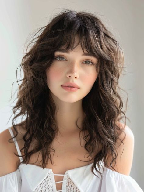 Curl Hairstyles With Bangs, Haircuts Medium Wavy Hair, Cute Hair Cuts For Girls Wavy, Fringe Haircut Wavy Hair, Medium 2b Haircut, Wavy Hairstyles Round Face, Bangs For Round Face Wavy Hair, Hair Cuts For Medium Length Hair Wavy, Long Curly Hair With Straight Bangs