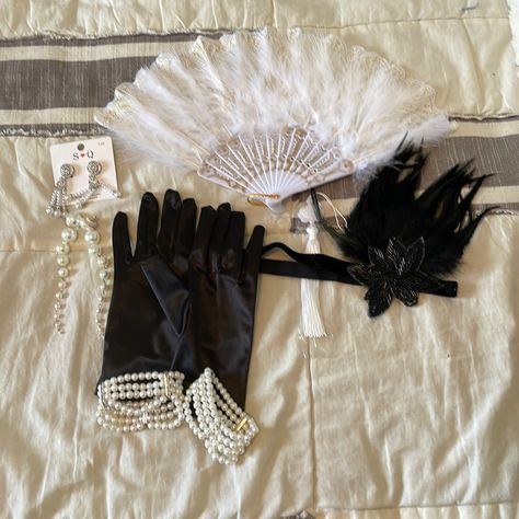 Nwt. Bundle Of Flapper Accessories From Shein. Perfect For A Holiday/Nye Party With A 1920s Theme. Includes Fan, Headband, 2 Pairs Of Earrings, 2 Cuff Bracelets And A Pair Of Size Small Satin Gloves. Great Gatsby Themed Party Decorations, 1920s Decorations, 20s Themed Party, Victorian Theme Party, 1920s Party Theme, 1920 Theme Party, Gatsby Halloween, 1920s Party Decorations, Roaring 20s Party Decorations