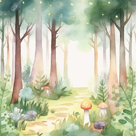 Photo a watercolor painting of a forest ... | Premium Photo #Freepik #photo #grove #woodland #forest-illustration #cute-tree Enchanted Forest Illustration Fairytale, Cartoon Forest Background Illustrations, Watercolor Forest Background, Woodland Illustration Forest, Woodland Scene Illustration, Cute Forest Background, Forest Illustration Trees, Forest Background Drawing, Forest Background Illustration