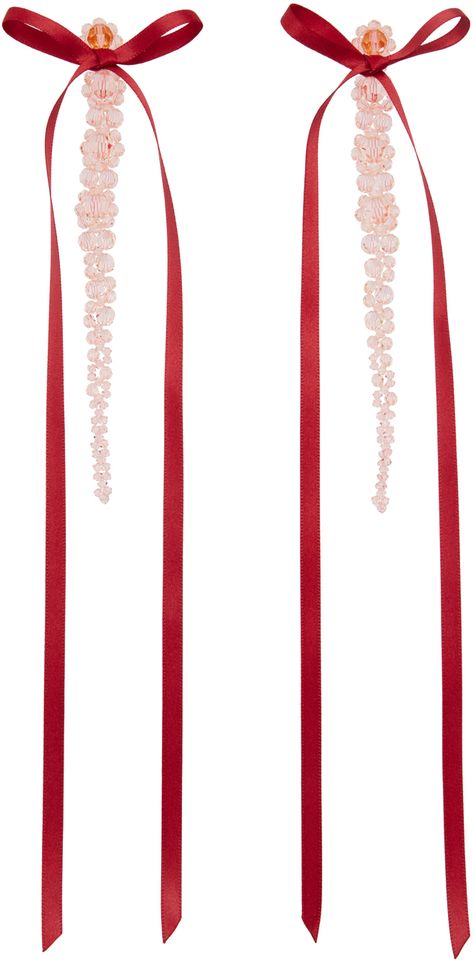 Pair of drop earrings in red and pink. · Bow appliqué at face · Beaded detailing at drop · Post-stud fastening · H11 x W0.5 Supplier color: Pink/Red Simone Rocha Aesthetic, Jellyfish Haircut, Fancy Ribbon, 2024 Aesthetic, Fka Twigs, 2024 Style, Long Necklaces, Bow Ribbon, Summer 24