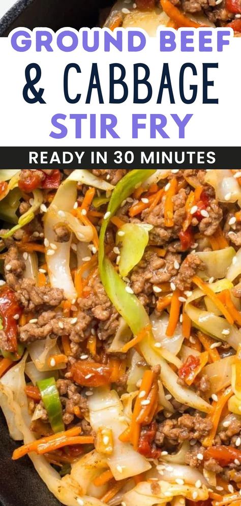 Looking for the perfect easy dinner with ground beef? This Ground Beef and Cabbage Stir Fry is your go-to meal! This quick, delicious dish is inspired by Asian flavors, making it a great addition to your meal plan. Say goodbye to takeout and hello to homemade, mouthwatering stir fry recipes! Hamburger Cabbage Stir Fry, Ground Beef Asian Stir Fry, Coleslaw Stir Fry Recipe, Ground Sausage Stir Fry, Ground Beef And Cabbage Stir Fry, Ground Beef With Cabbage Recipes, Cabbage Stir Fry Recipes Healthy, Ground Beef Stir Fry Recipes Easy, Hamburger Stir Fry Recipes