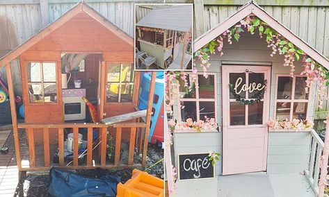 Savvy mother transforms her 'toy dumping ground' Wendy house into an incredible outdoor cafe Pink Wendy House, Wooden Wendy House Ideas, Painted Wendy House, Wendy House Paint Ideas, Wendy House Ideas, Playhouse Cafe, Childrens Garden, Kids Cubby, Kids Cubby Houses