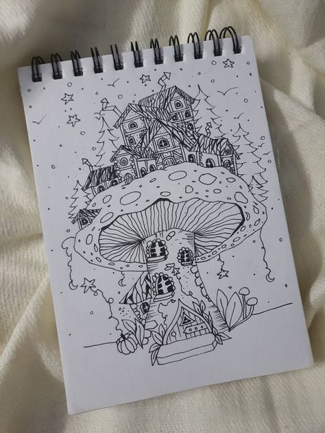 Painting On A5 Sheet, A5 Sheet Drawing, Fine Liner Sketch, Sketchbook Idea, Sketching Ideas, Line Sketch, Mushroom House, What To Draw, Line Work