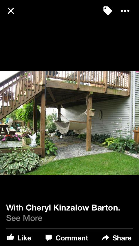 Hammocks under deck                                                                                                                                                      More                                                                                                                                                     More Under Deck Retaining Wall Ideas, Underneath Patio Ideas, Under Deck Sitting Area Outdoor Living, Tall Deck Landscaping Ideas, Under Porch Patio, Hammock Under Deck, Gravel Under Deck, Underneath Deck Ideas, Under Deck Patio Ideas